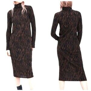Zara Trafaluc Brown Black Zebra Animal Print Turtleneck Midi Dress Womens sz M